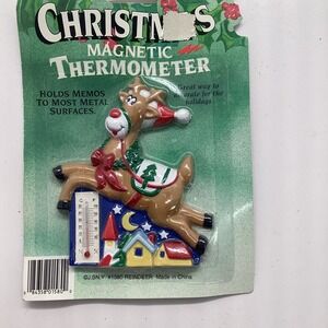 Christmas Holiday Reindeer Thermometer Plastic Fridge Magnet J.S.N.Y Vintage